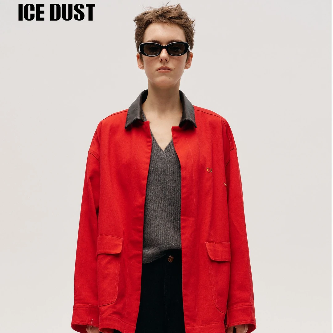 ICEDUST 真皮领绣花派克羽绒服女25FW冬季新款白鸭绒宽松红色外套