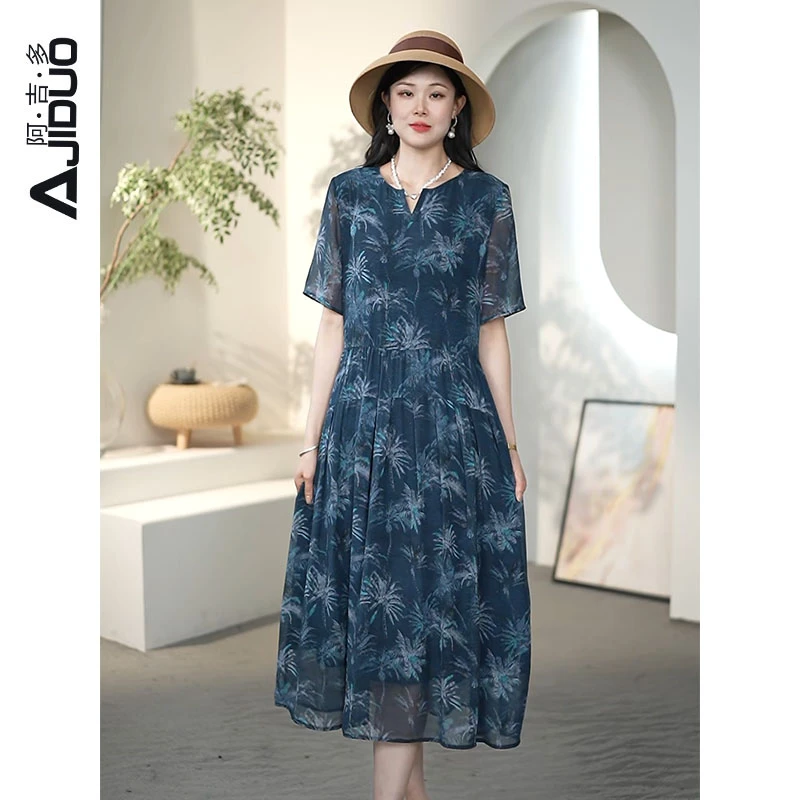 A31990阿吉多藏蓝印花连衣裙女2025夏装新款中袖洋气飘逸妈妈裙子