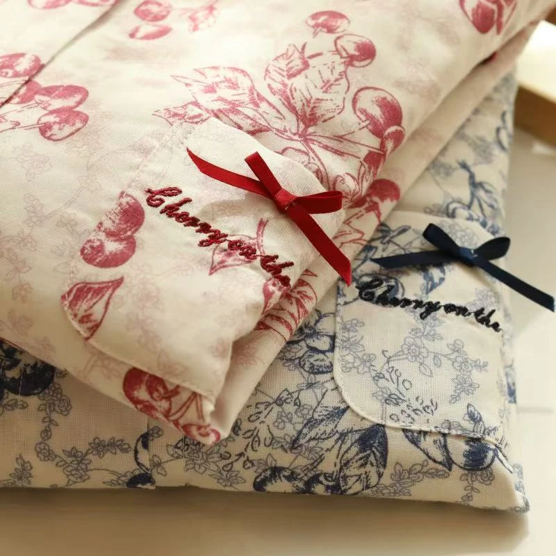 春秋纯棉女士睡衣双层棉纱印染花卉宽松长袖长裤家居服套装25408