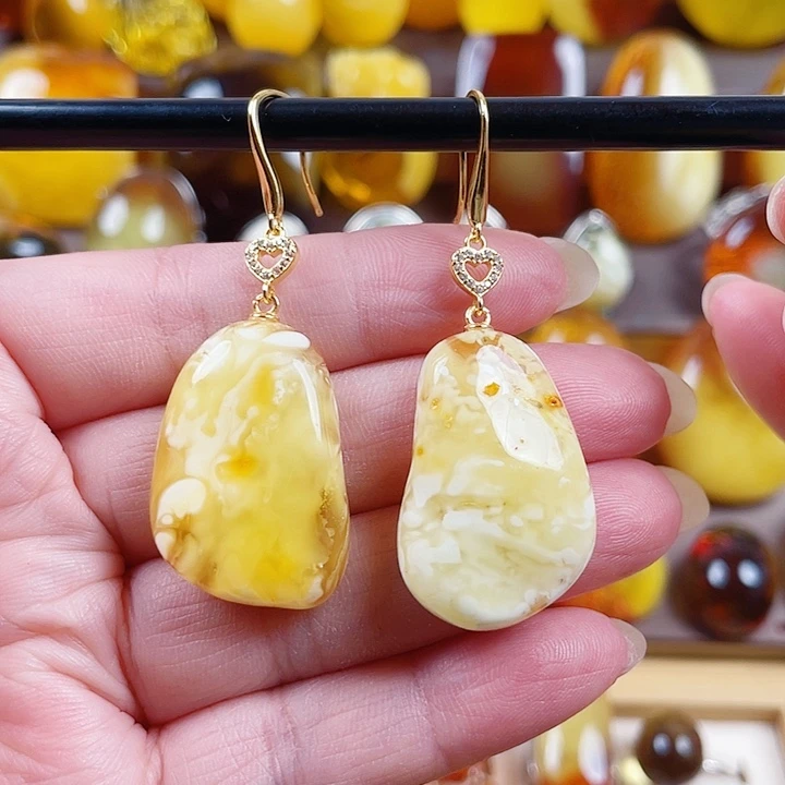 琥珀银S925镶嵌裸石耳环