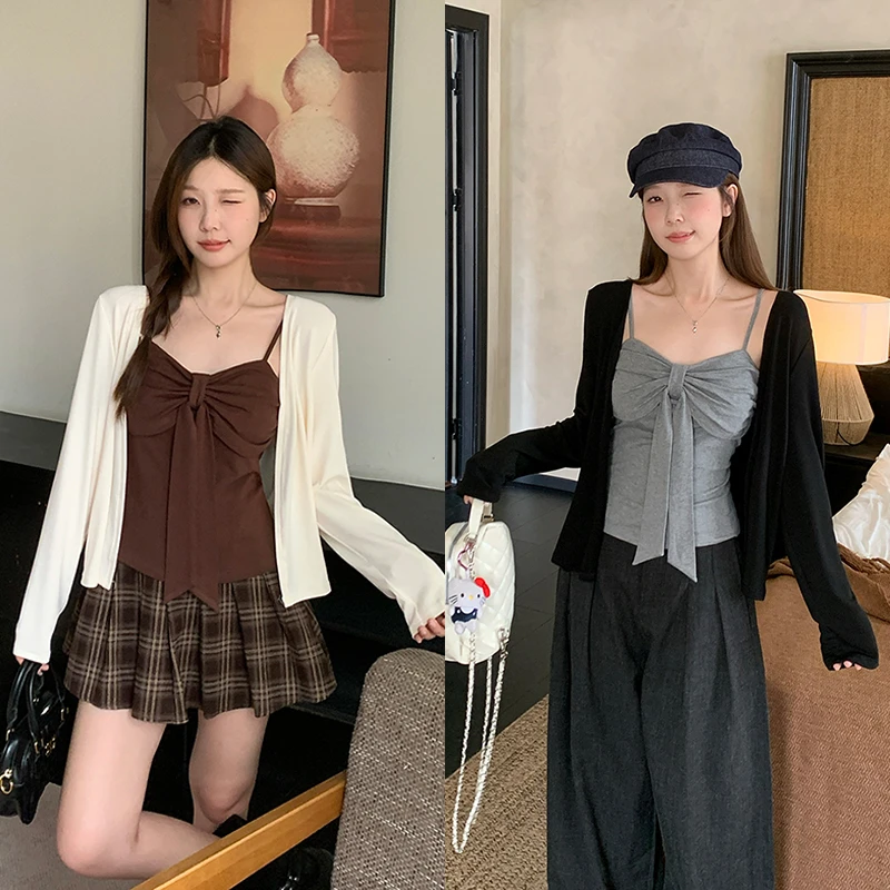 2025秋装新款胖mm大码女慵懒风蝴蝶结吊带针织开衫上衣套装