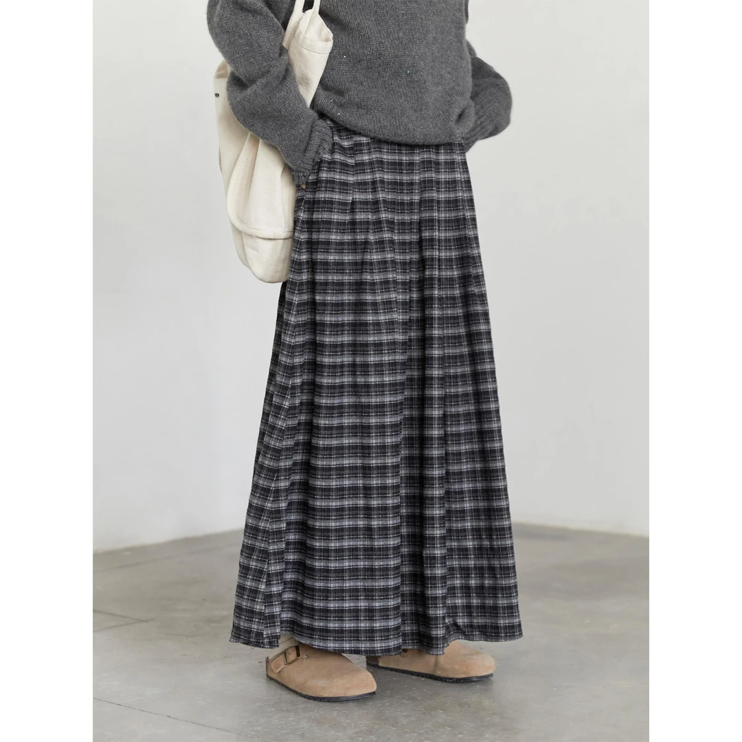 复古毛呢格子百褶半身裙女秋冬中长款高腰垂感遮胯大裙摆a字长裙