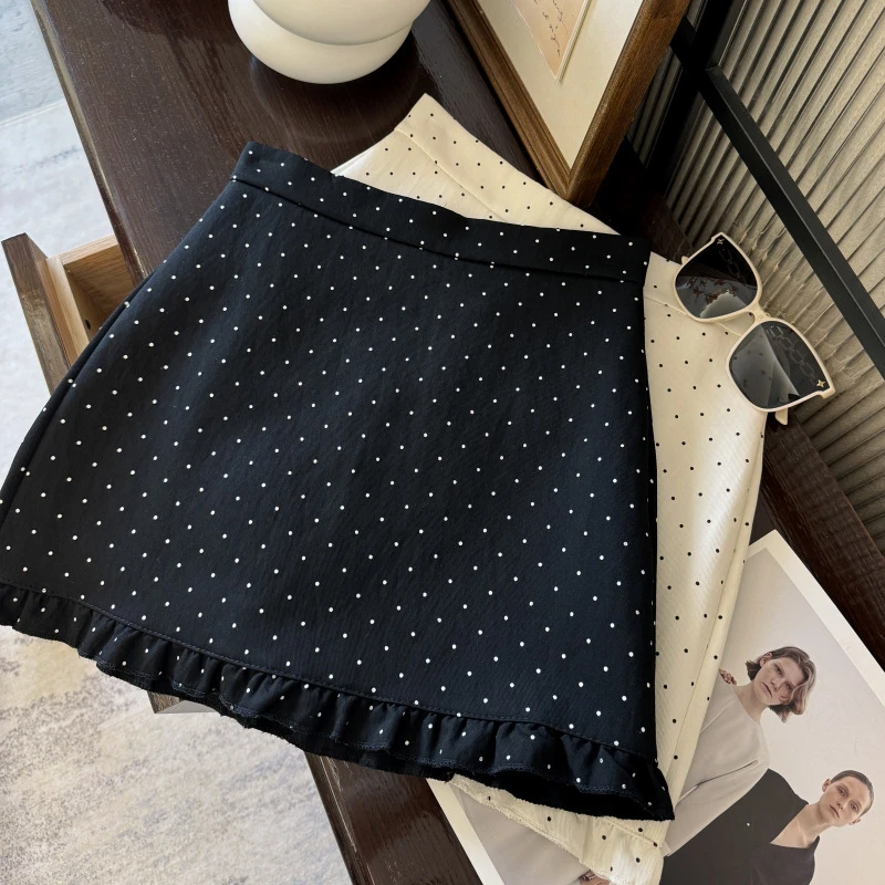 韩系穿搭灰色波点花边春秋半身裙女新款高腰a字包臀短裙小个子