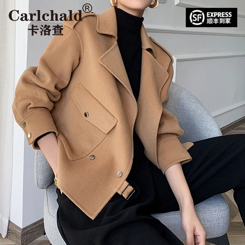 卡洛查（CARLCHALD）时尚驼色羊毛呢子外套女新款秋冬韩版毛呢小个