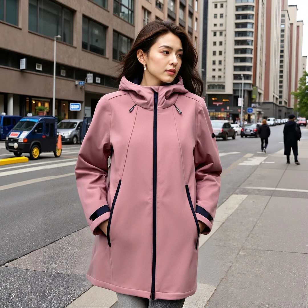 春秋女士防风保暖长款连帽软壳衣69231