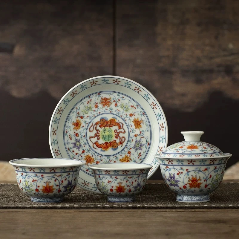 2025新款青花釉下彩功夫茶具套装三才盖碗茶杯家用高档中式泡茶碗