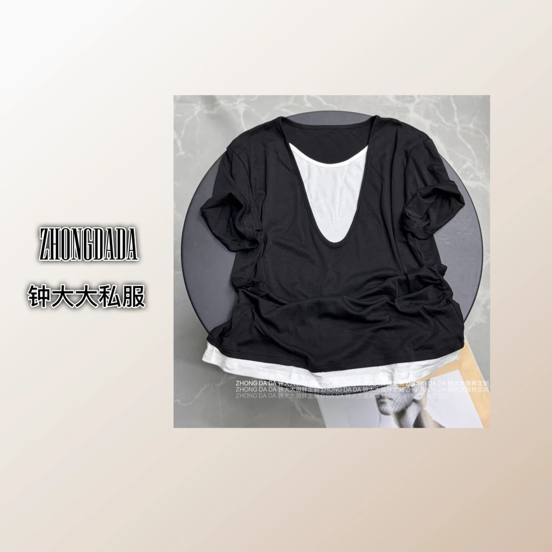 ZHONG大大【】设计感假两件这种收腰短袖T恤夏季正肩上衣890*