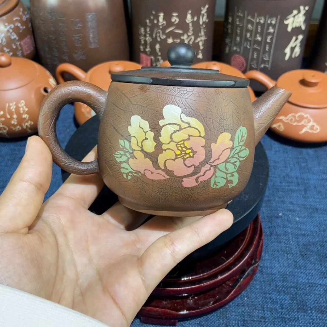 8建水紫陶手工菩提纹彩填壶220c