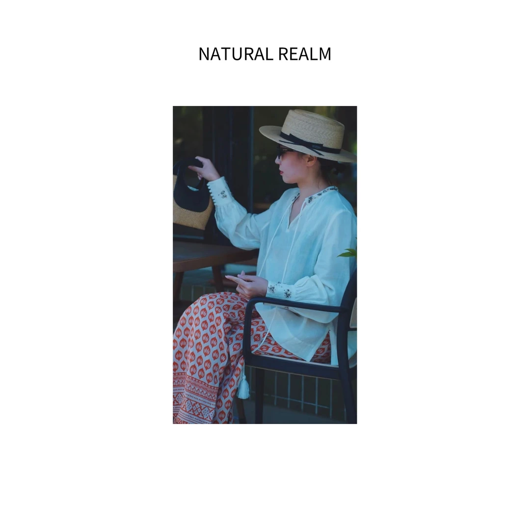 {NATURAL REALM}百搭款时尚复古花纹亚麻直筒裤B0295