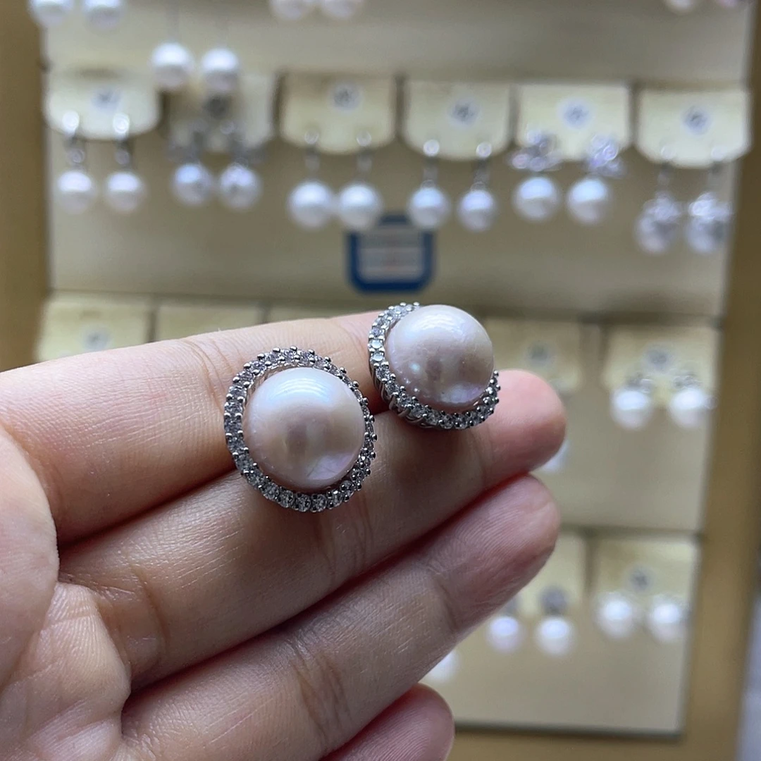 银S925镶嵌耳饰淡水珍珠