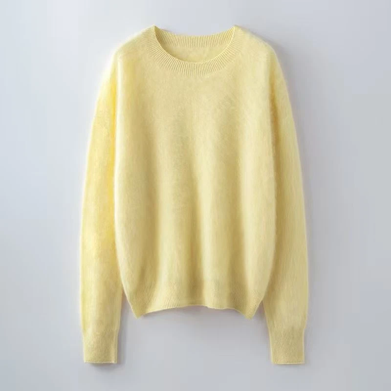 热销秋冬款女士羊毛衫拉绒长毛针织衫轻奢套头圆领纯色宽松慵懒风