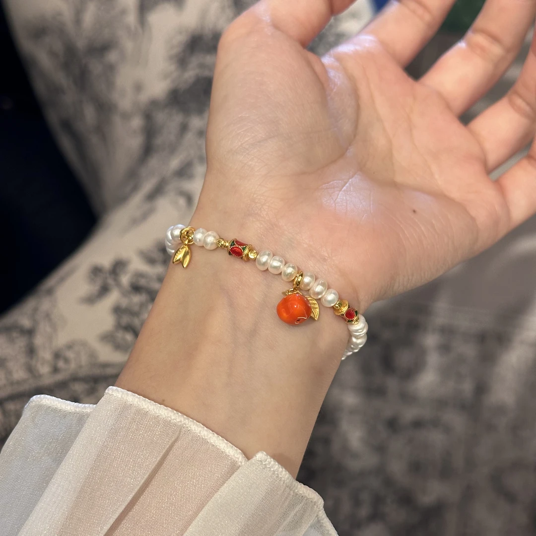 925银仿珍珠手链 来鱼『柿柿如意』珐琅彩天然珍珠S925纯银手链