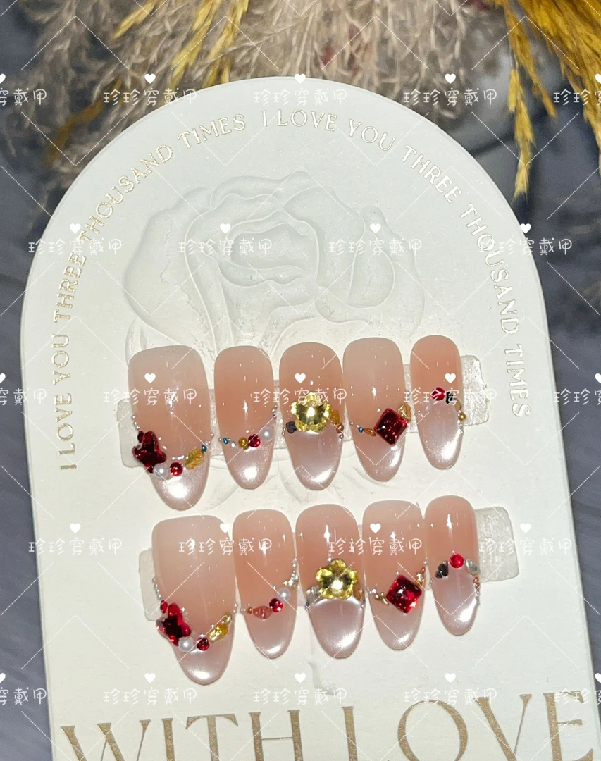 【五彩石】珍珍手工穿戴甲ins风气质五彩石拼钻法式猫眼可拆卸美甲