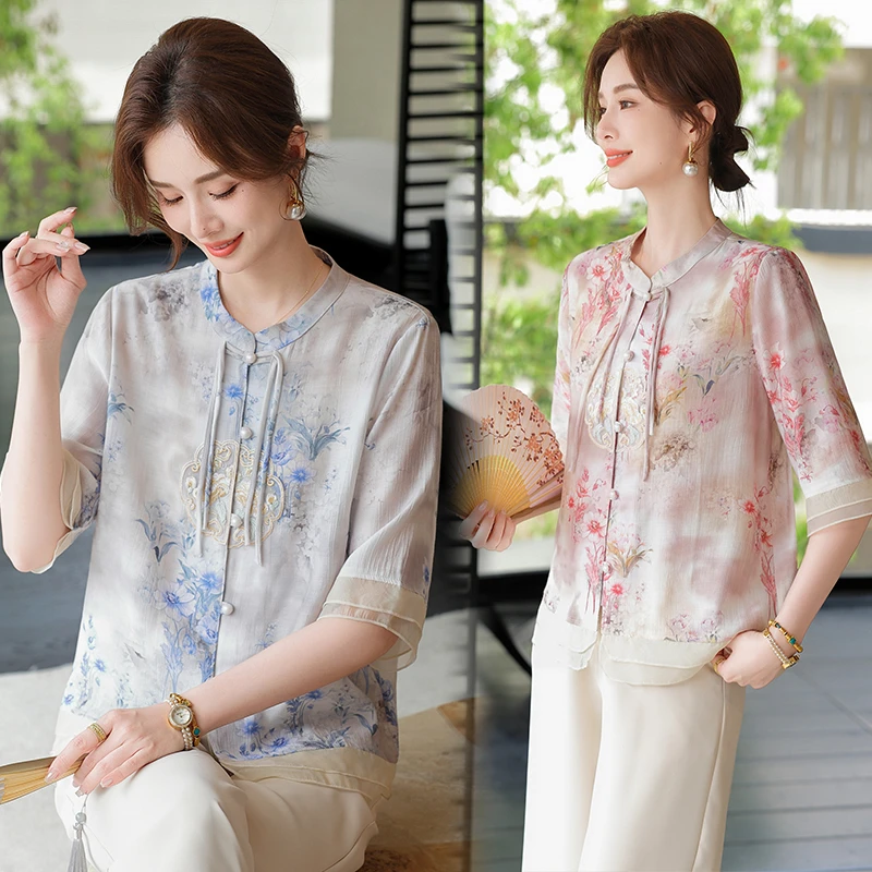 XL-6XL 2025年新款妈妈春夏装两件套套装中老年女上衣时尚aa6087