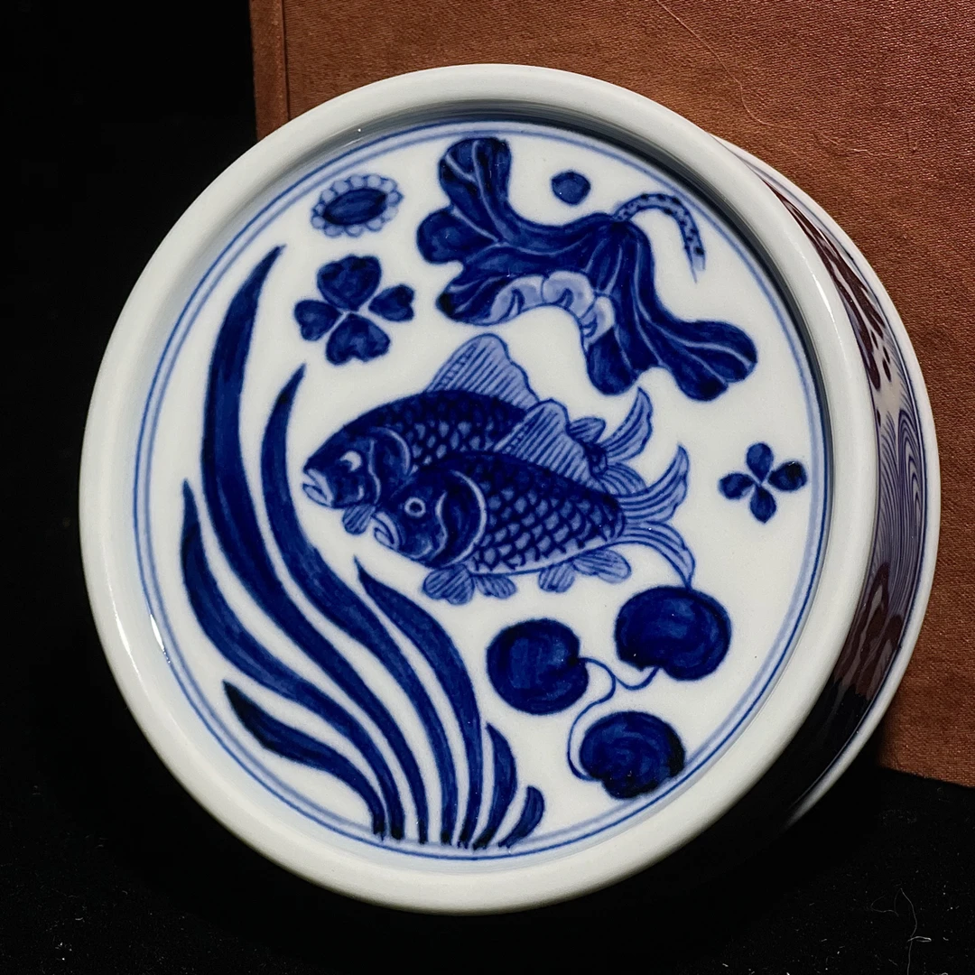 汀蓝纯手工手绘鱼藻纹盖置 8.5cm 中式茶道干泡高端茶具