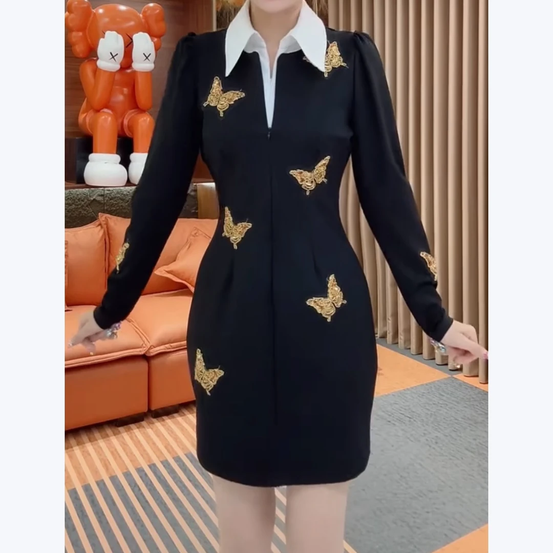 衬衫领重工蝴蝶连衣裙女2025冬季新款时髦洋气显瘦中长裙23893