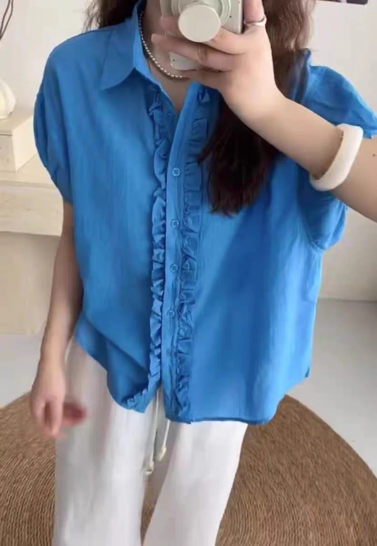 灰灰呀！木耳边PoLo领！纯色灯笼袖衬衫