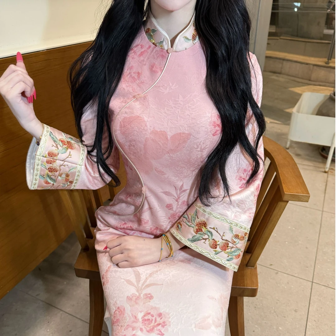 LHMknk1画报夫人旗袍原创自制厚款针织提花旗袍 英花胭脂倒大袖