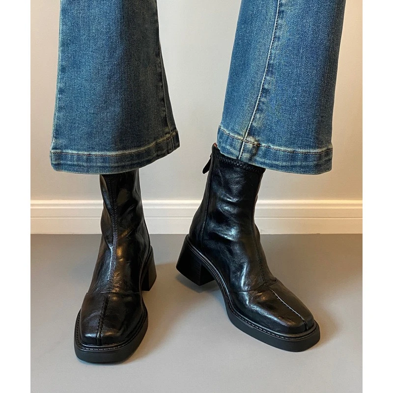 羊皮短靴女瘦瘦靴2025新款秋冬高跟方头粗跟复古马丁靴英伦风短筒