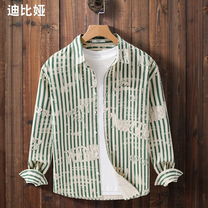 迪比娅秋季条纹长袖衬衫外套宽松衬衣设计感纯棉青春印花寸衫男Y