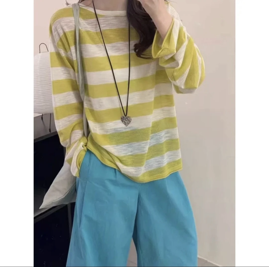 夏季薄款针织长袖T恤女条纹防晒衫露背小心机女上衣宽松减龄百搭