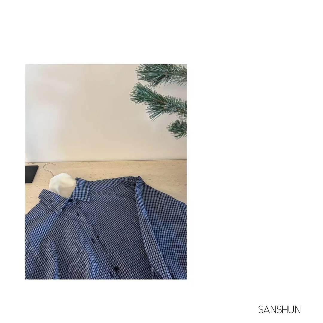 Sanshun-  (蓝调格纹）-秋季新款开口袖格子翻领休闲宽松衬衫薄款