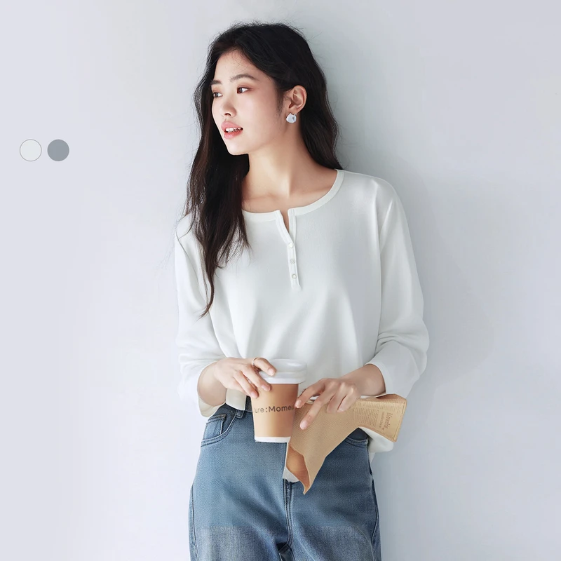 伊芙丽亨利领白色宽松长袖T恤女25春季内搭上衣1G2901601