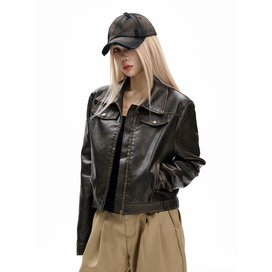 MaxDstr 美式复古正肩皮衣夹克男女同款休闲高街cleanfit上衣潮
