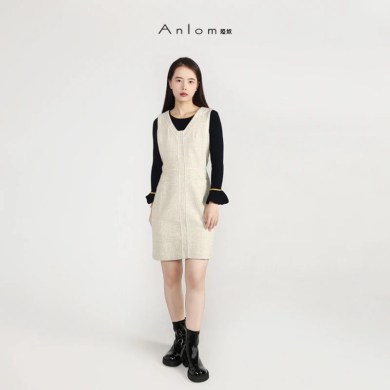 Anlom/娅奴秋季新款绵羊毛休闲针织通勤常规连衣裙秋冬背心裙
