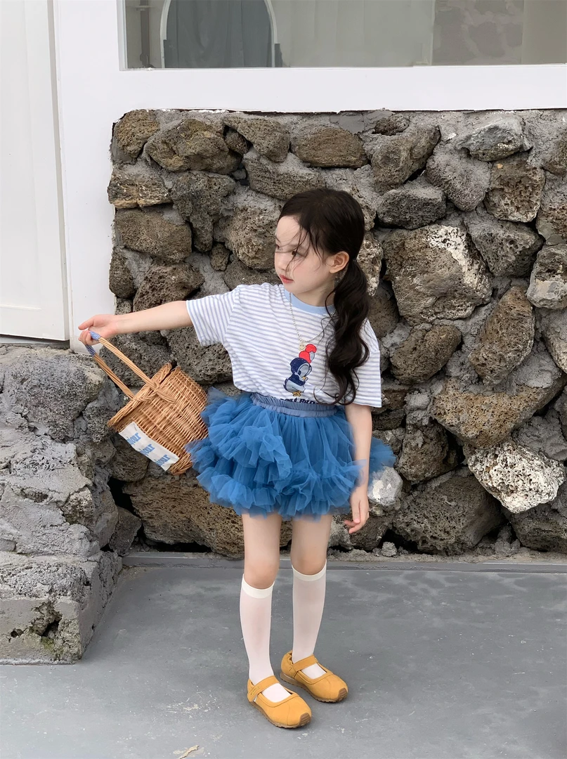 女童2025夏季新款童装宝宝条纹卡通短袖T恤+纱纱蓬蓬半身裙两件套
