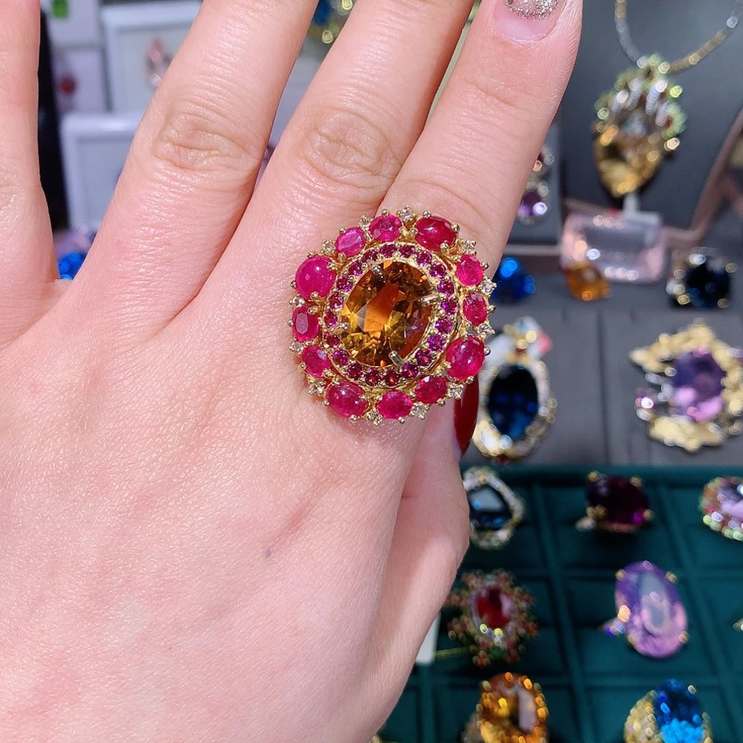 黄晶戒指银S925镶嵌戒指