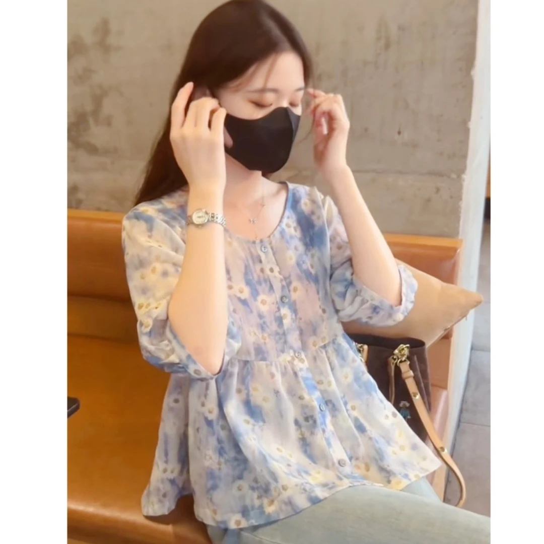 复古碎花短袖衬衫女2025夏季新款圆领荷叶边娃娃衫减龄韩版娃娃衫