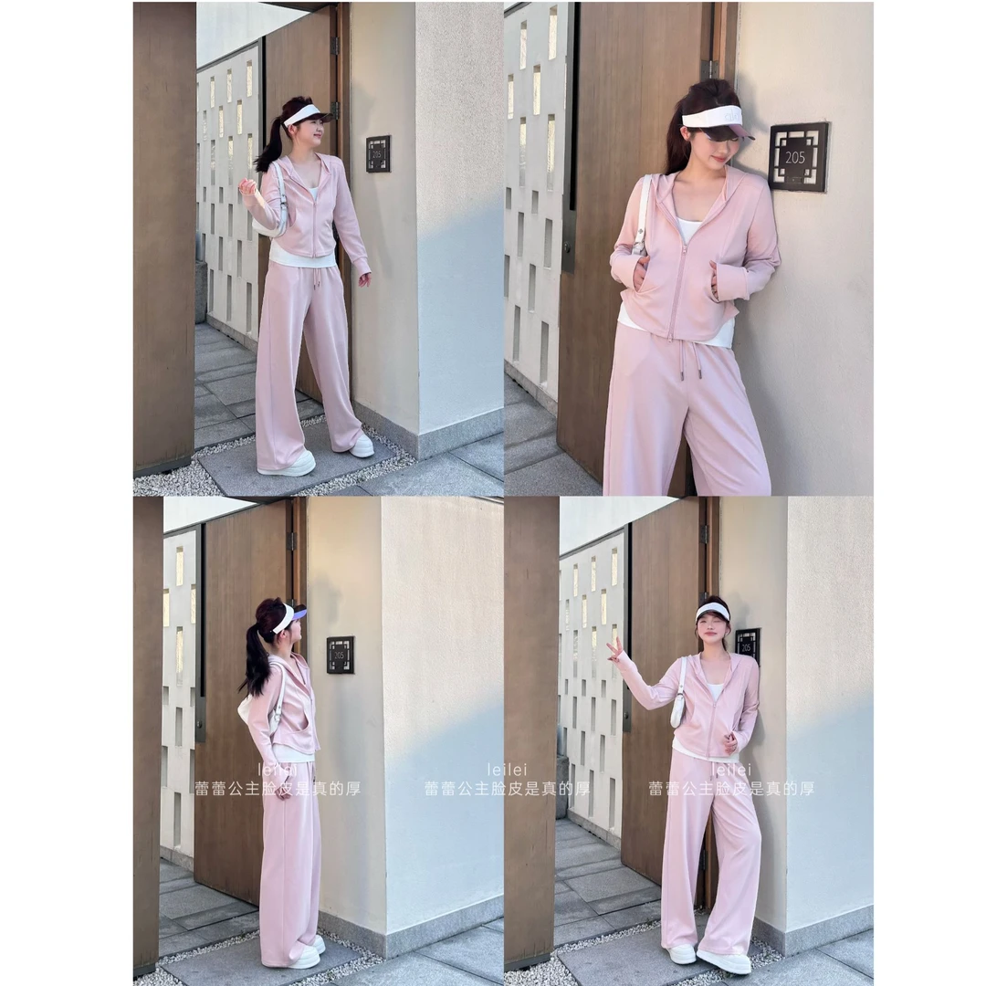 【城市漫步】双头拉链连帽长袖外套+全松紧高腰抽绳阔腿裤