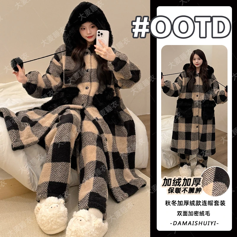 2025新款秋冬战袍加绒加厚睡衣女珊瑚绒家居服连帽套装可外穿