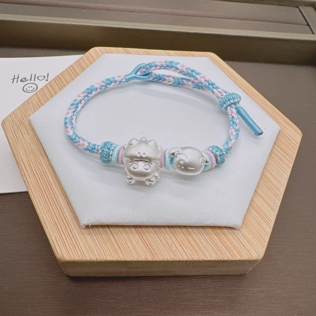 足银手链 蜡笔小新小白手链足银999卡通可爱手工编绳纯银手串礼物