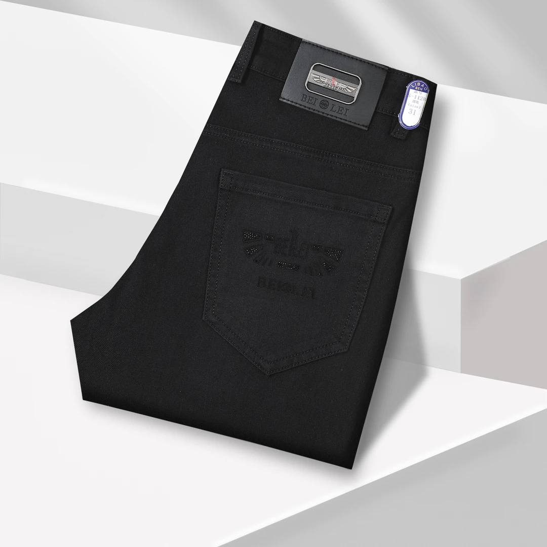 意大利丹宁洗水工艺纯黑男秋冬百搭高腰宽松型直筒阔腿牛仔裤高端