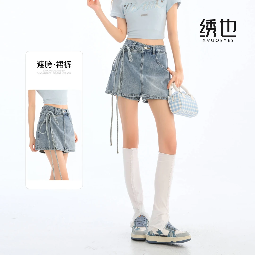 【绣也】系带遮胯牛仔短裤女夏季新款潮设计感阔腿A字裤裙TY315