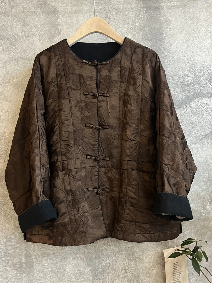 古蘭木7378新款暗纹提花圆领对襟盘扣棉服