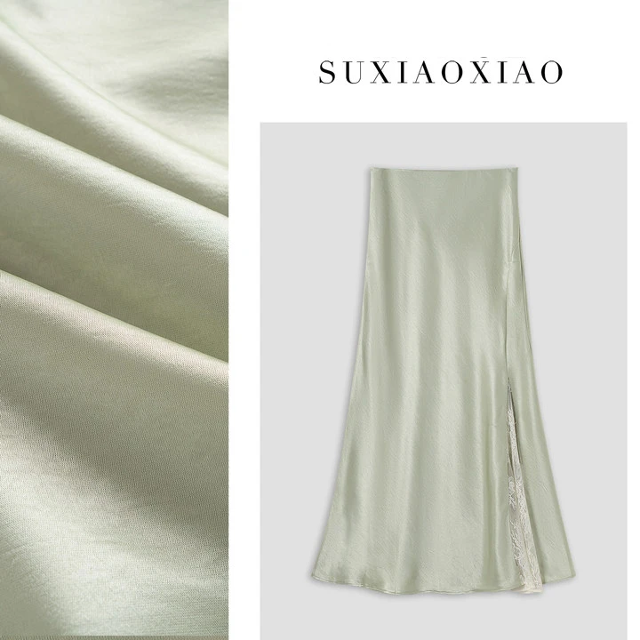 【釉青】夏日清新设计感绿色开叉蕾丝缎面包臀半身长裙25BJ1341