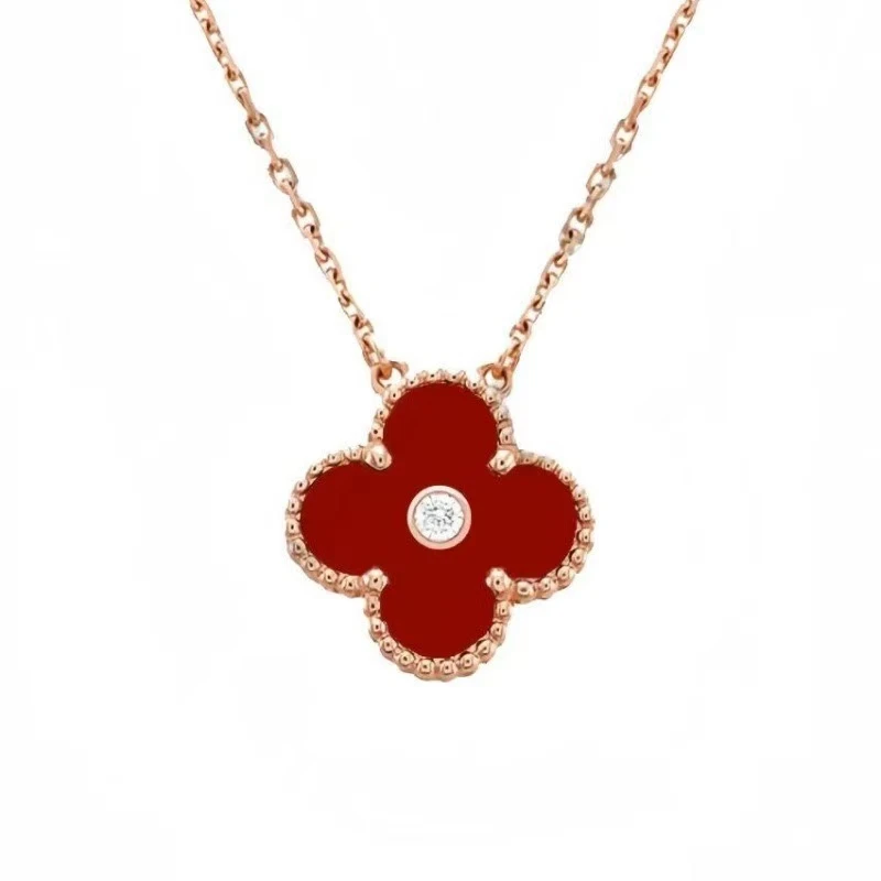 铜合金项链 四叶花红色项链镀单花项链女天满钻锁骨链