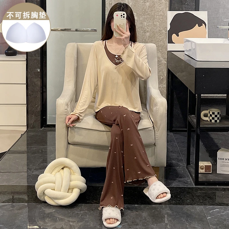 2025年春秋季新款睡衣女生带胸垫莫代尔棉韩系长袖长裤家居服套装