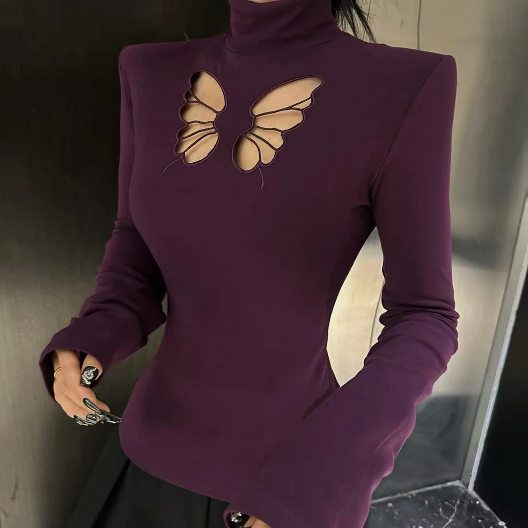 美式辣妹蝴蝶镂空半高领长袖t恤女秋冬内搭打底衫设计感小众上衣