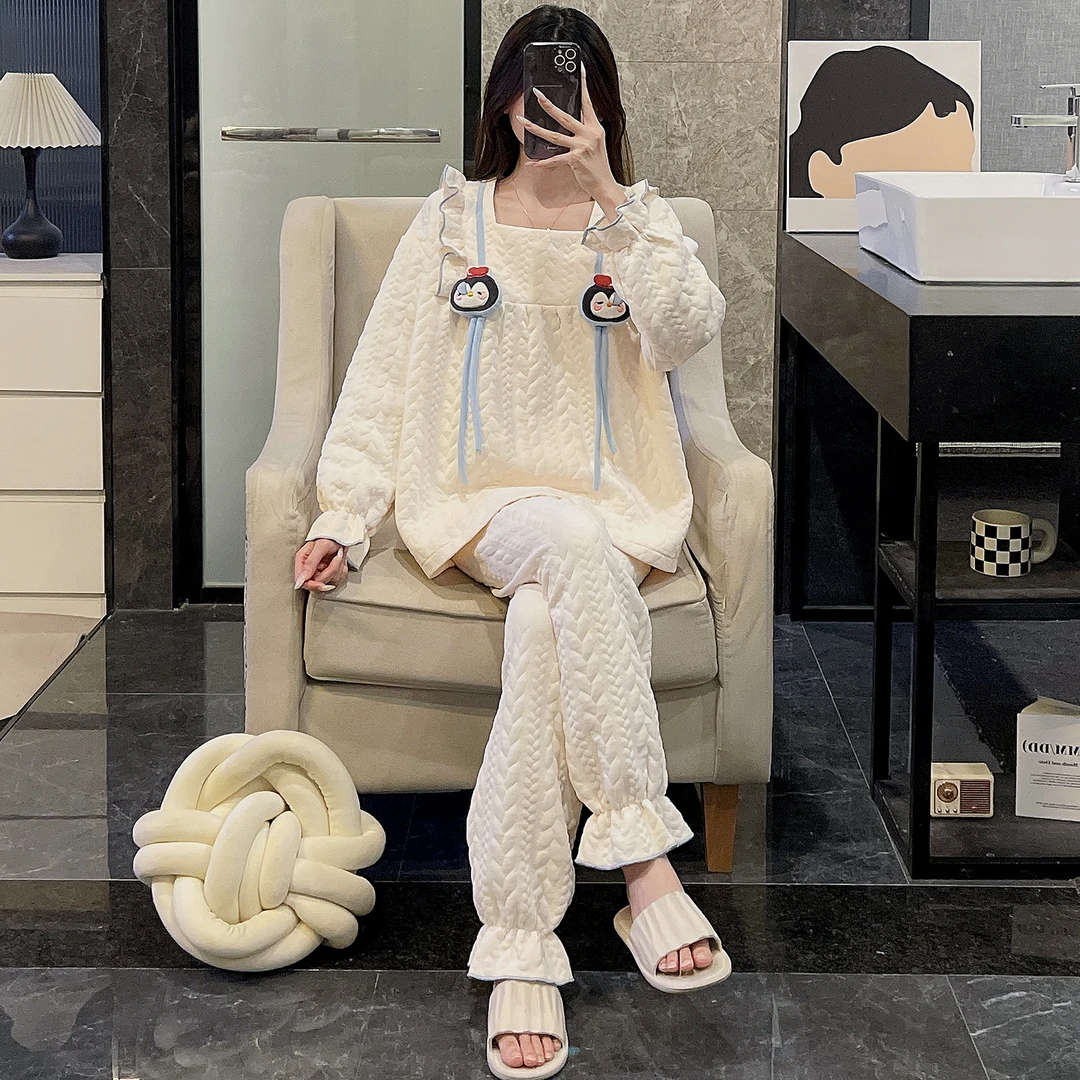 睡衣女秋冬季长袖大码夹层2025新款可外穿蓝企鹅高级感套装家居服