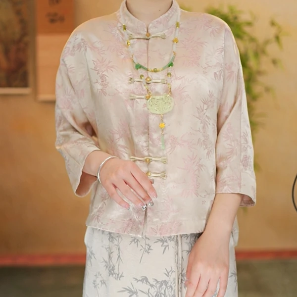 春夏新款宽松优雅中式提花上衣