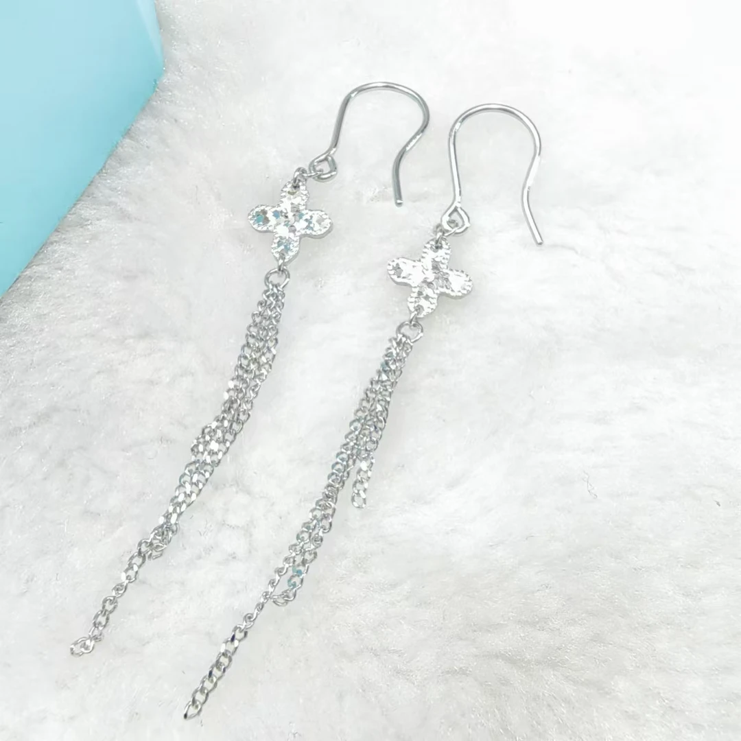 PT950铂金耳饰 碎碎冰四叶草铂金耳钩约7cm 时尚气质