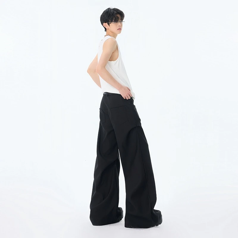 韩版高街黑色宽松百搭微喇休闲裤男2025新款高级感褶皱设计拖地裤