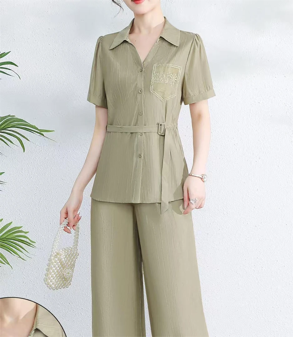 燕妮雅姿时尚套装衬衫短袖长裤宽松套装显瘦时尚休闲洋气T147
