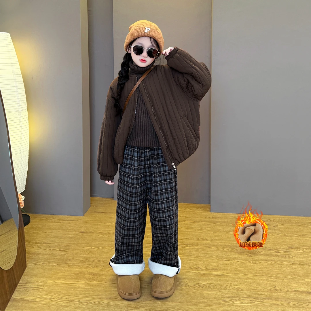女童2025新款时尚韩版秋冬季格子棉服外套洋气阔腿格子阔腿裤套装