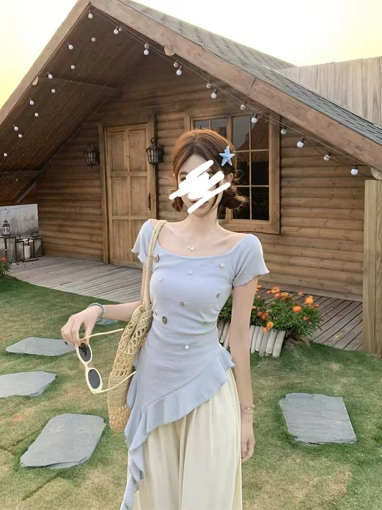 龙龙 大码 【小贝壳】韩系不规则荷叶边设计感纯欲风显瘦T恤20842衣