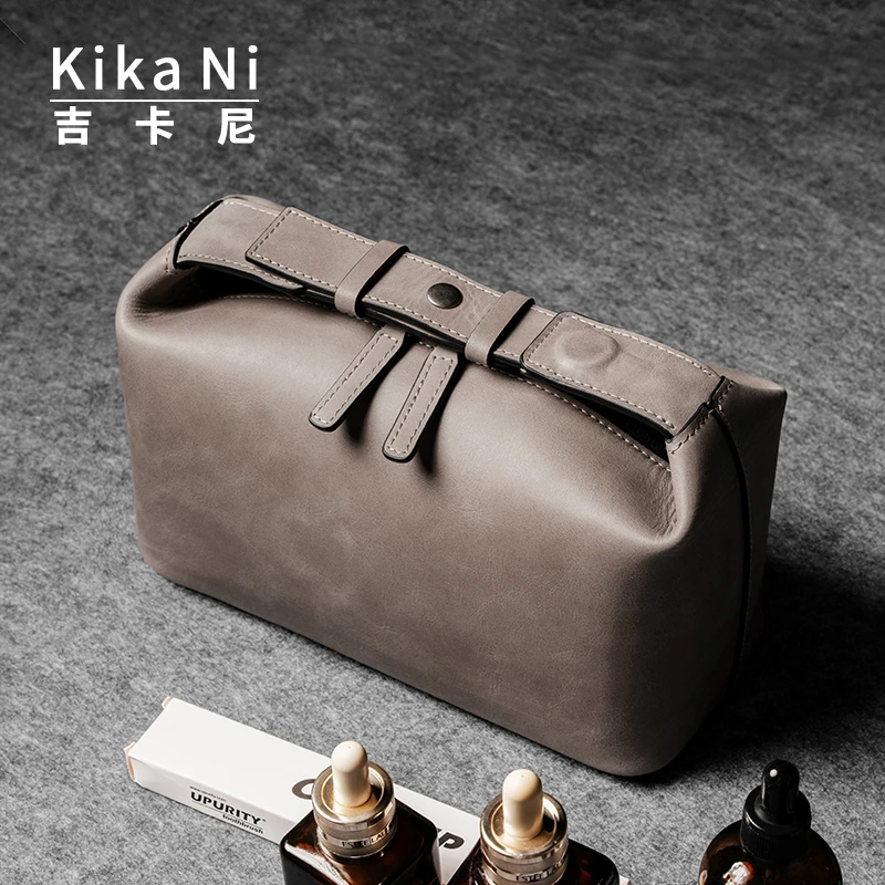 吉卡尼 男洗漱包化妆包真皮收纳袋女士手提包旅行航空包头层牛皮
